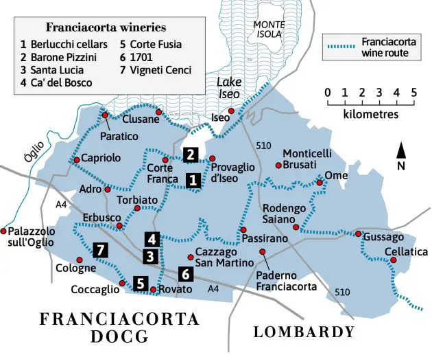 Mapa de las bodegas de Franciacorta