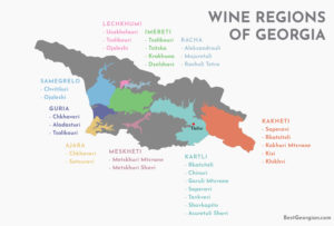 Mapa de las regiones vinícolas de Georgia y los estilos de vino y las uvas producidas en cada una