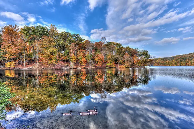 Paisaje del lago durante el otoño en Maryland