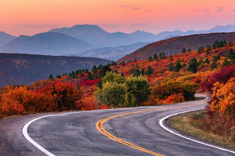 Follaje de otoño a lo largo de un camino sinuoso en las Montañas Rocosas de Colorado