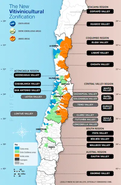 Región vitivinícola de Chile Mapa |  Winetraveler.com