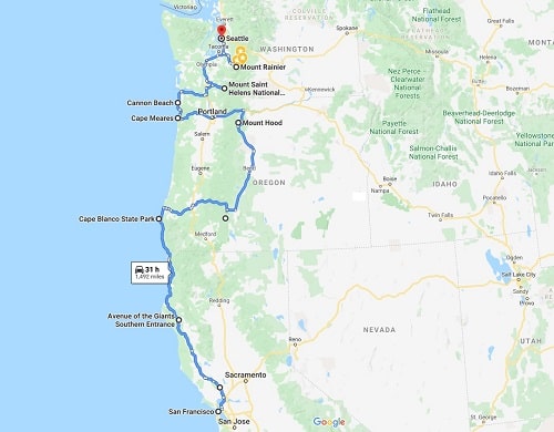 Mapa del itinerario del viaje por carretera del noroeste del Pacífico