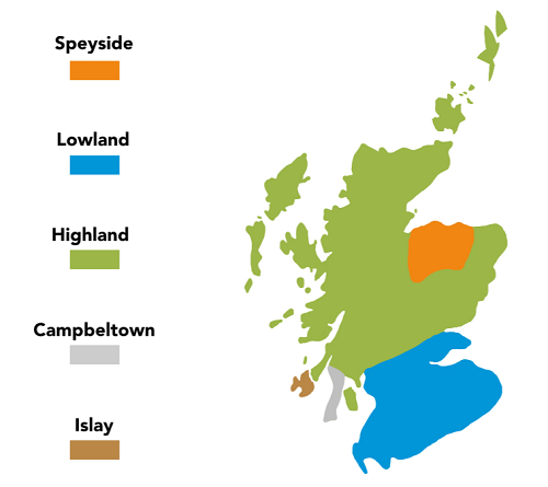 Mapa de regiones y distritos de whisky escocés