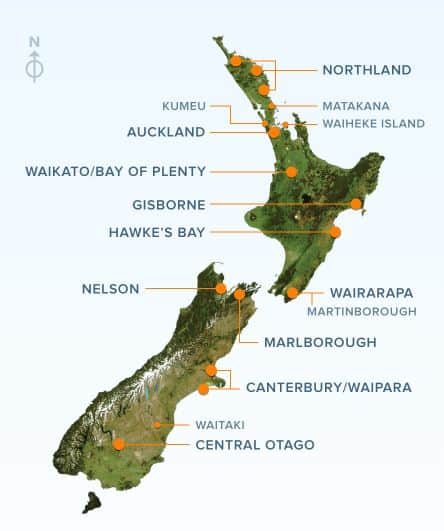 Las mejores regiones vinícolas para visitar en Nueva Zelanda Mapa |  Winetraveler.com